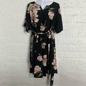 Nemidor Womens Dress 22 Black Pink Floral Short Sleeve Split V Neck Belted BM2